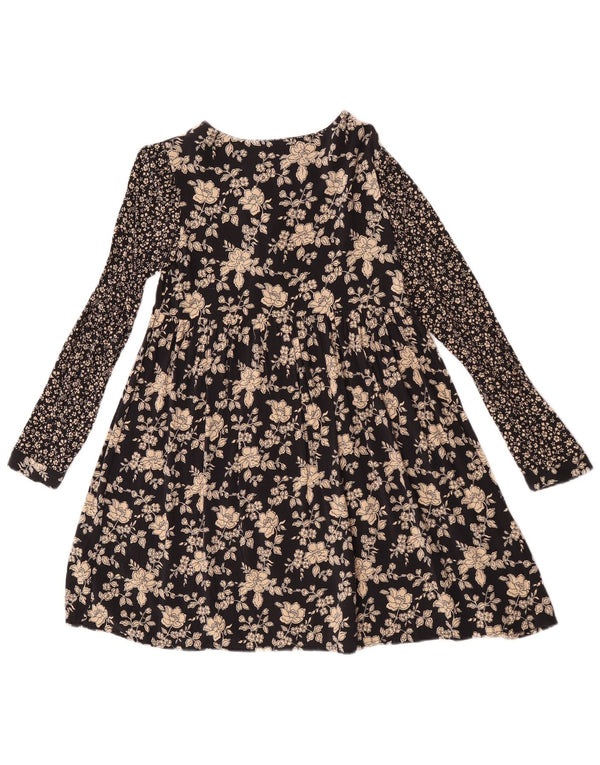 Zara Vestido feminino manga comprida linha A 13-14 anos preto floral