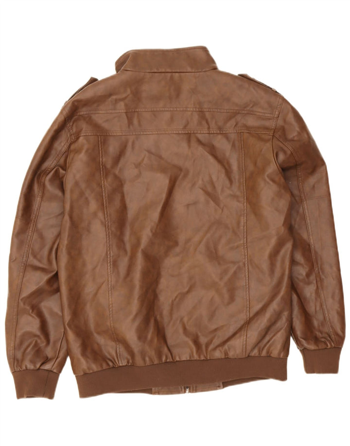 Jaqueta de couro militar falsa masculina vintage polietileno marrom médio Reino Unido 38