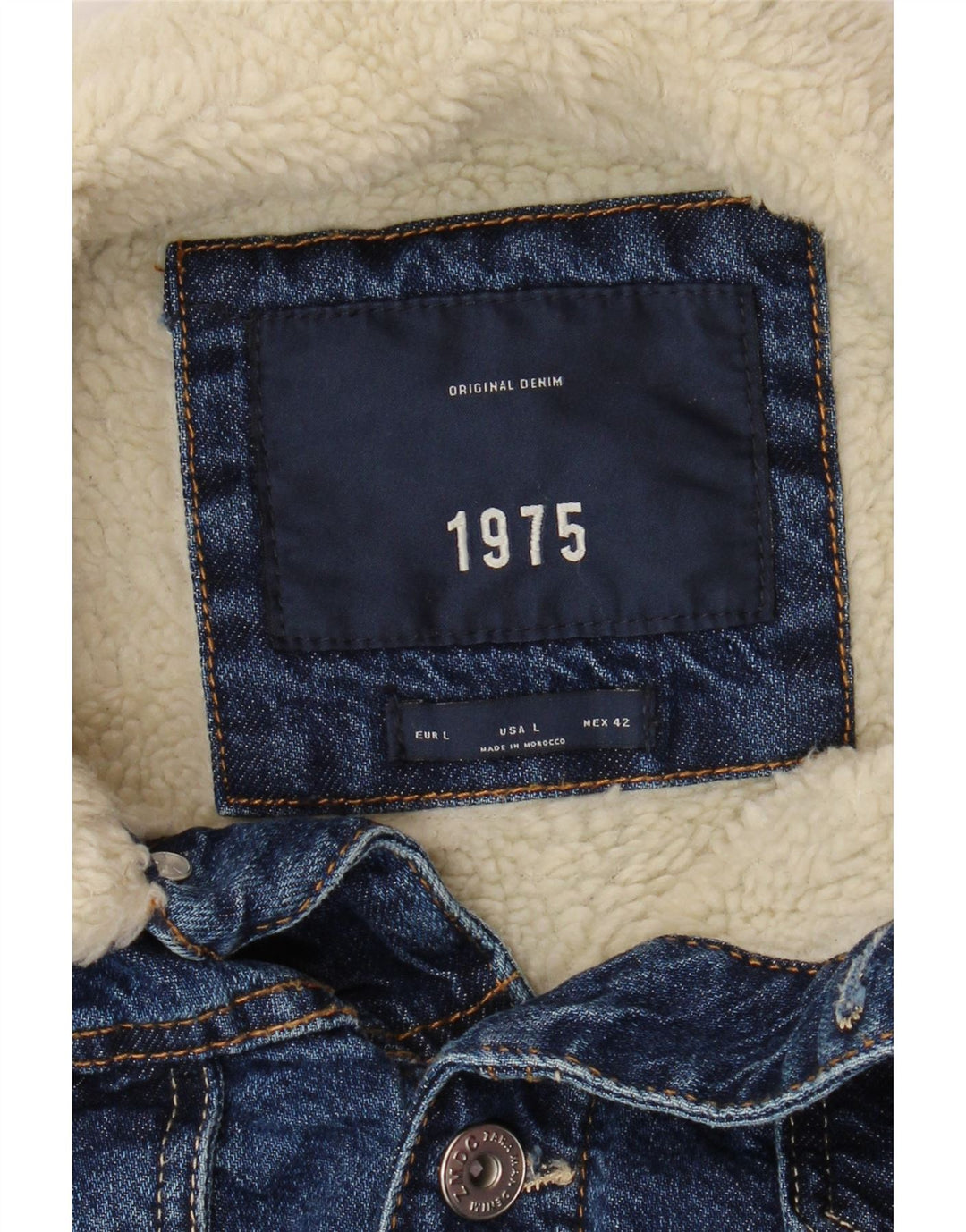 Jaqueta jeans masculina Sherpa ZARA Reino Unido 40 grande algodão azul marinho