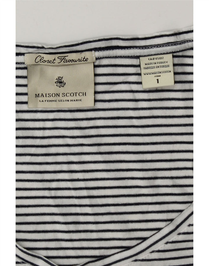 Camiseta feminina gráfica Maison Scotch tamanho superior 1 listrado branco pequeno