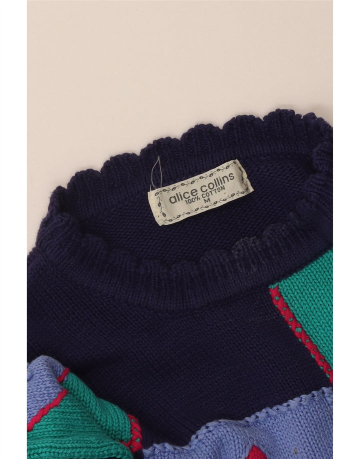 Suéter feminino VINTAGE com gola redonda UK 14 patchwork azul marinho médio