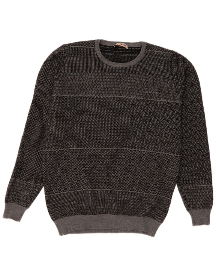 Suéter vintage masculino com gola redonda, lã virgem listrada pequena cinza
