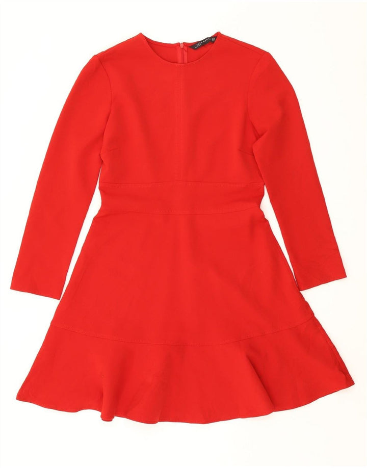 Vestido feminino ZARA manga comprida evasê Reino Unido 12 poliéster vermelho médio