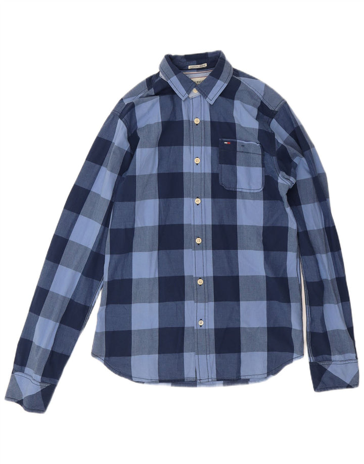 Camisa masculina Tommy Hilfiger pequena xadrez azul marinho de algodão