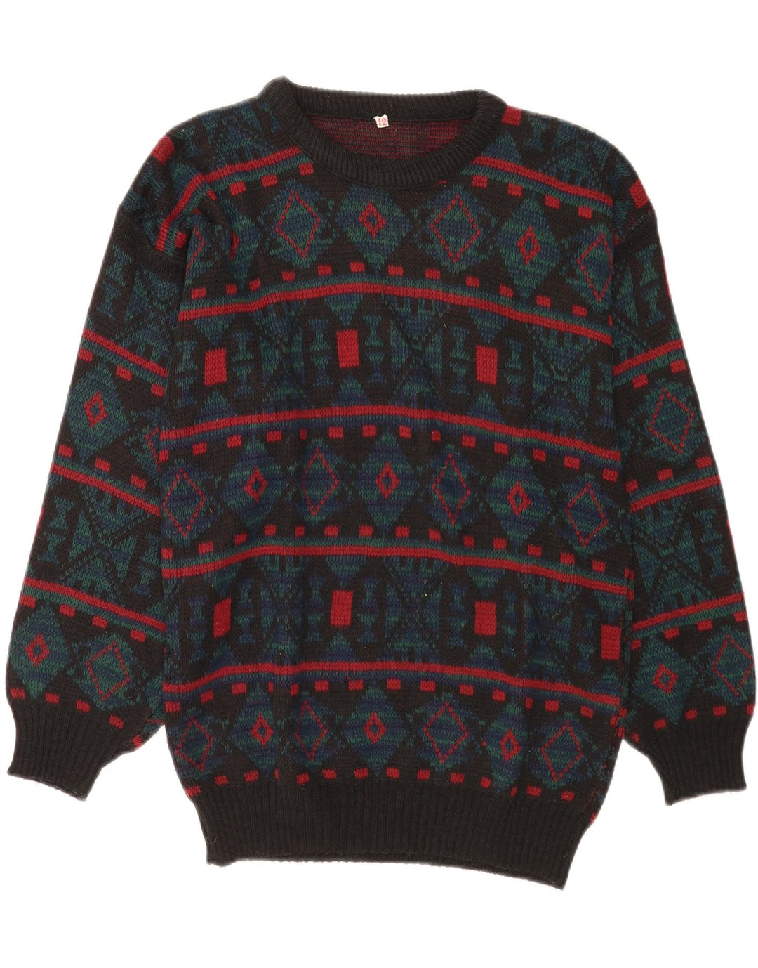 Suéter vintage masculino com gola redonda cinza médio geométrico