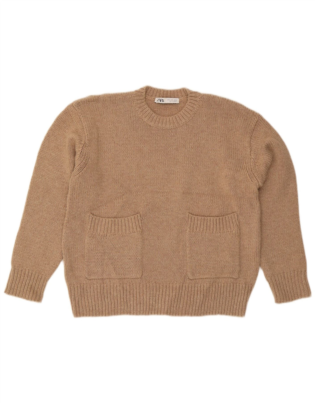Zara Suéter feminino oversized com gola redonda Reino Unido 10 pequeno poliéster bege