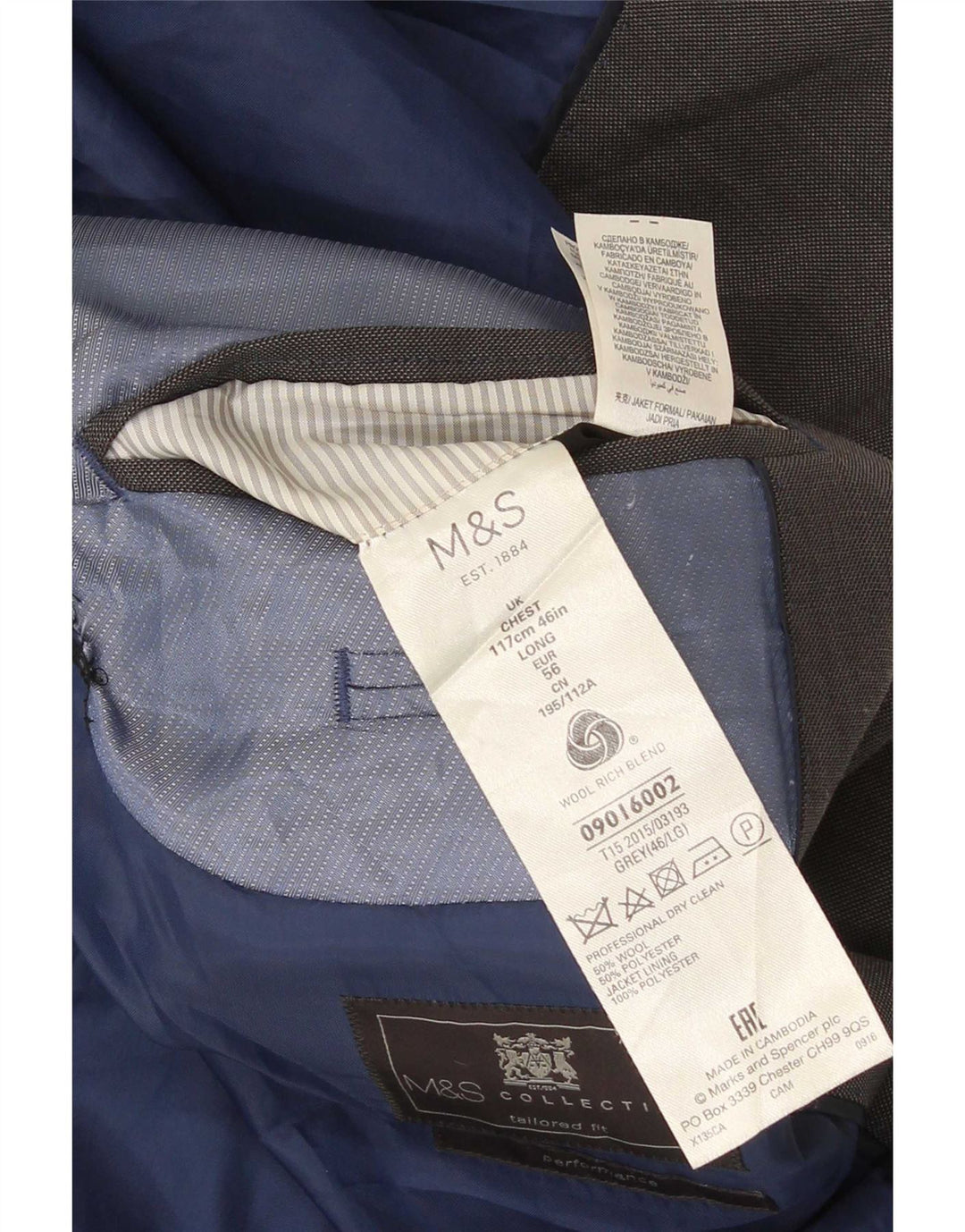 Jaqueta blazer masculina Marks & Spencer sob medida com 2 botões Reino Unido 46 XL lã cinza