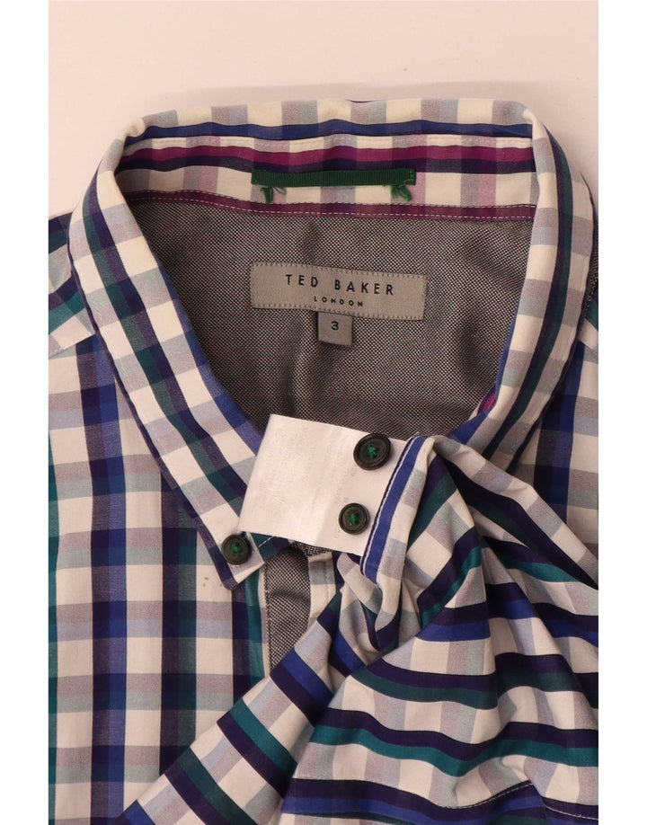Camisa masculina Ted Baker tamanho 3 algodão guingão azul médio
