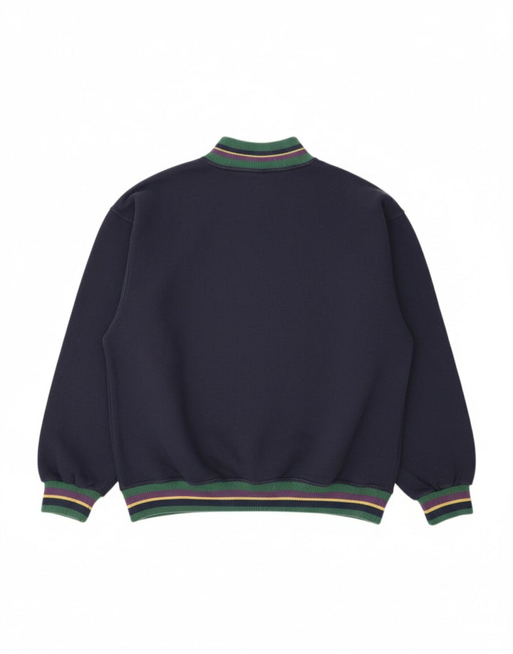 Suéter masculino VINTAGE com zíper e gola grande de algodão azul marinho