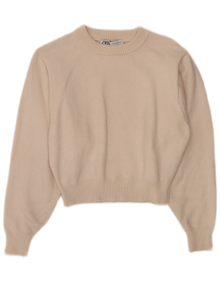 Zara Suéter feminino cropped com gola redonda Reino Unido 12 médio off white viscose