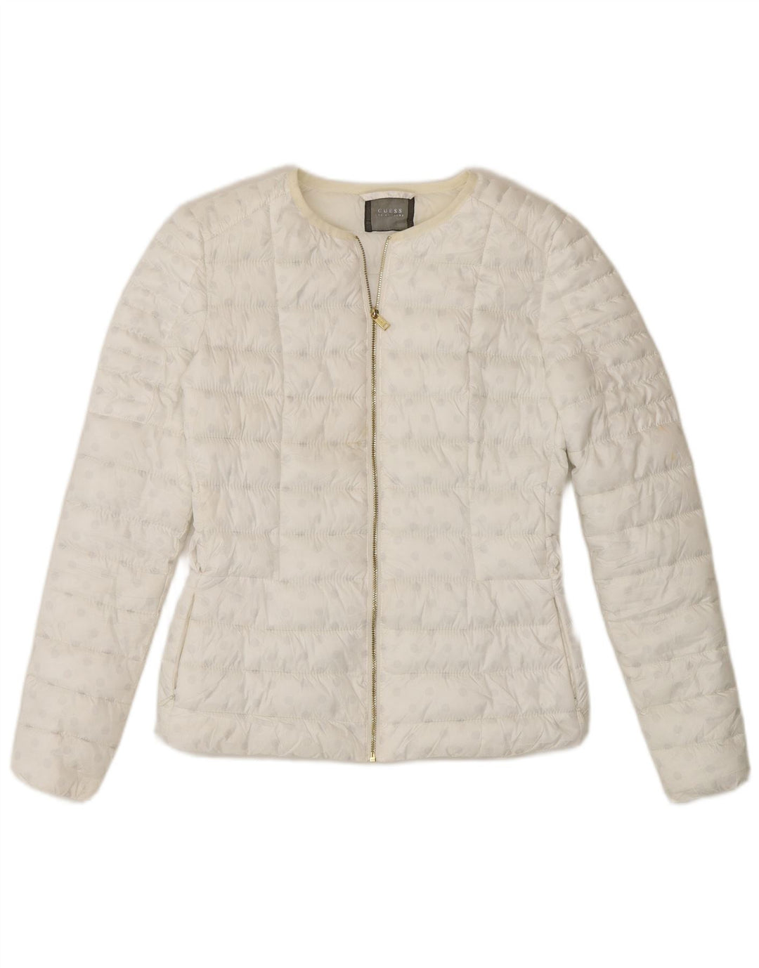 Jaqueta acolchoada feminina Guess UK 6 XS poliéster manchado branco