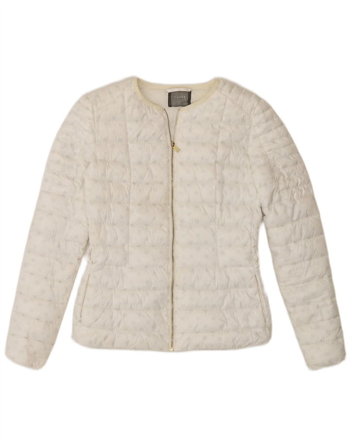 Jaqueta acolchoada feminina Guess UK 6 XS poliéster manchado branco