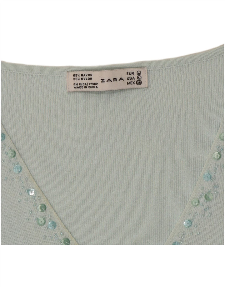 Zara Top feminino manga 3/4 grande rayon turquesa