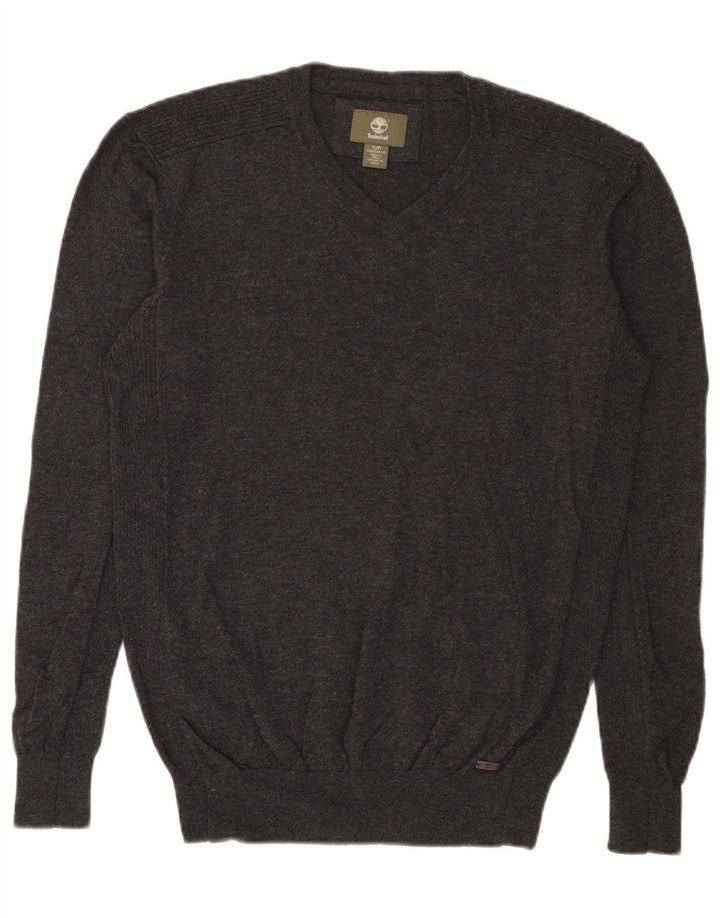 Suéter masculino Timberland regular fit com decote em V, pequeno, cinza manchado de lã