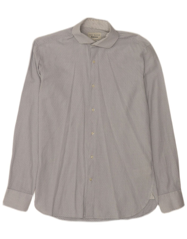 Camisa masculina Ted Baker tamanho 15 algodão geométrico azul médio