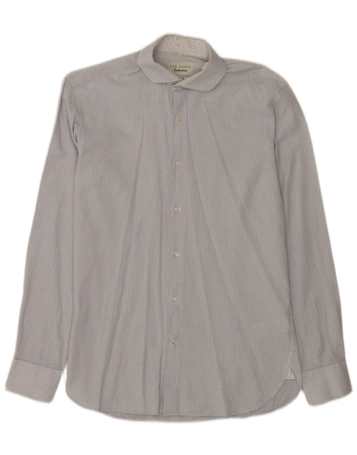 Camisa masculina Ted Baker tamanho 15 algodão geométrico azul médio