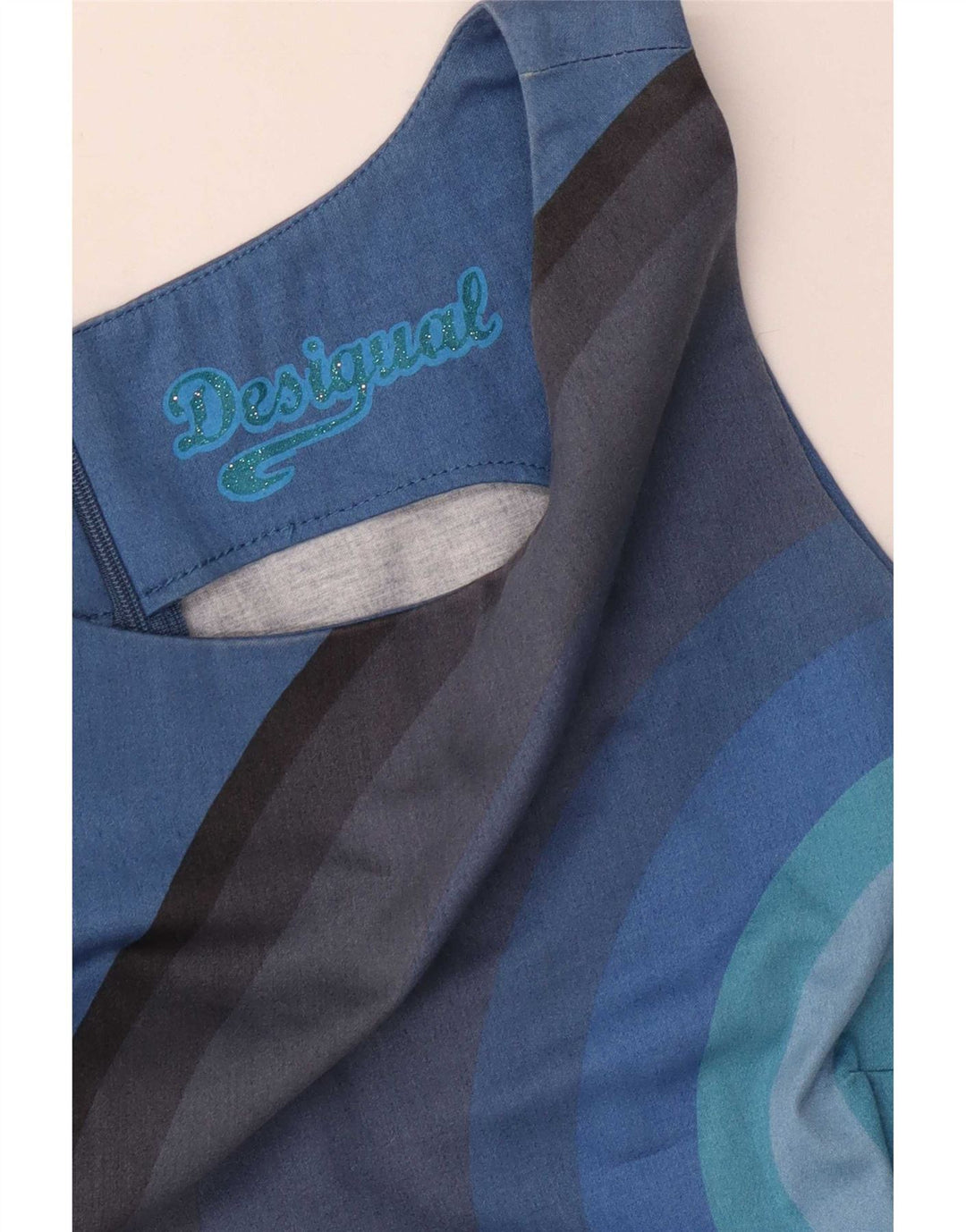 Desigual Vestido feminino estampado sem mangas com bainha UE 38 listrado azul médio