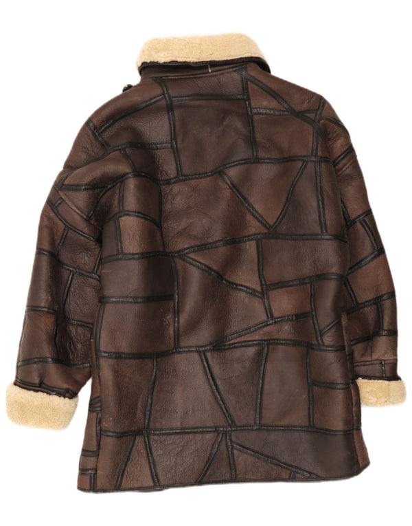 Casaco feminino vintage de shearling UK 18 XL marrom patchwork