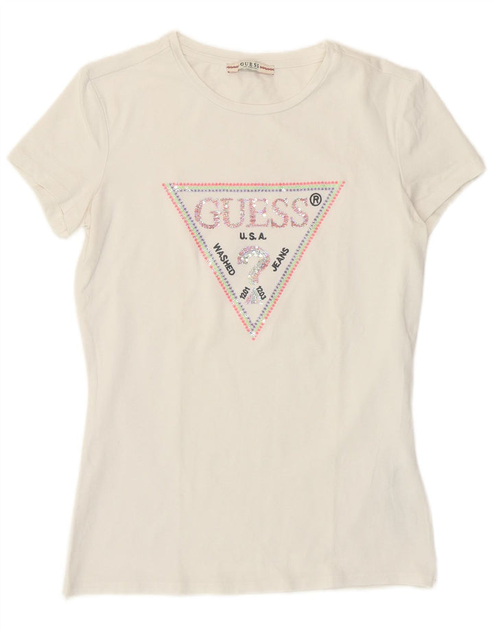 Camiseta feminina Guess com estampa gráfica UK 12 algodão branco médio