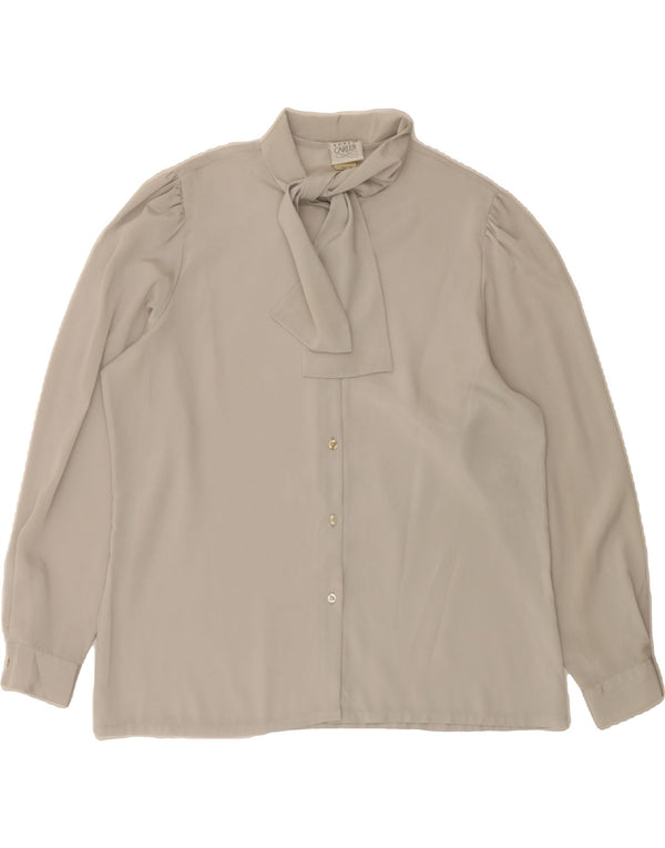 Blusa feminina VINTAGE com gravata frontal UE 38 poliéster cinza médio