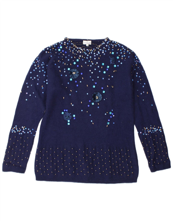 Suéter feminino Fiorucci com gola canoa Reino Unido 14 médio azul marinho manchado