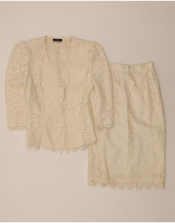 Conjunto de saia feminina vintage com 5 botões e 2 peças EUA 5/6 médio W26 floral branco