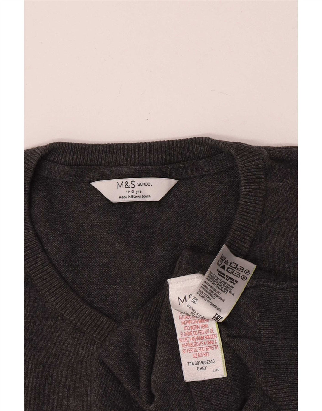 Suéter Marks & Spencer Boys com decote em V 11-12 anos algodão cinza
