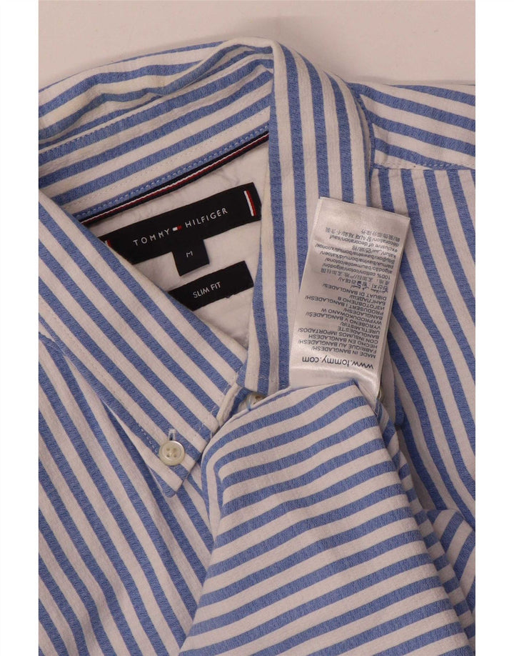Tommy Hilfiger Camisa masculina Slim Fit de algodão listrado azul médio