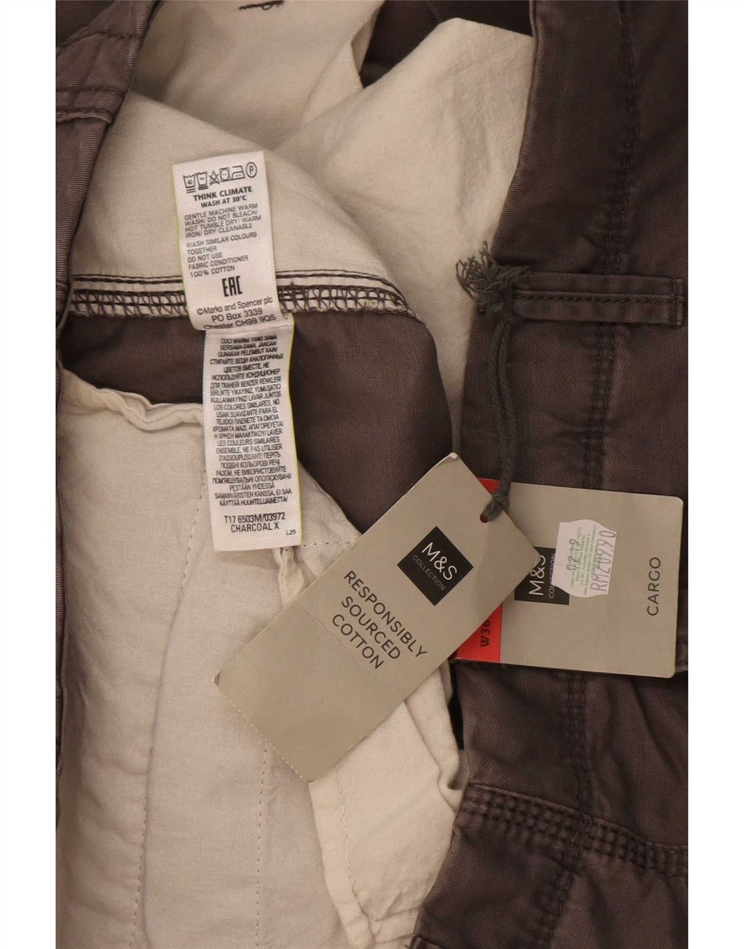 Shorts cargo masculino Marks & Spencer W36 grande algodão cinza