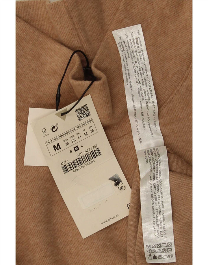 Vestido feminino Zara manga 3/4 linha A UK 12 poliéster bege médio