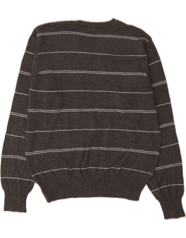IZOD Mens V-Neck Jumper Sweater Medium Grey Striped Cotton Vintage Izod and Second-Hand Izod from Messina Hembry 