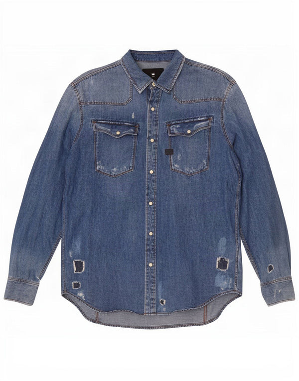 Camisa jeans masculina G-Star desgastada grande algodão azul