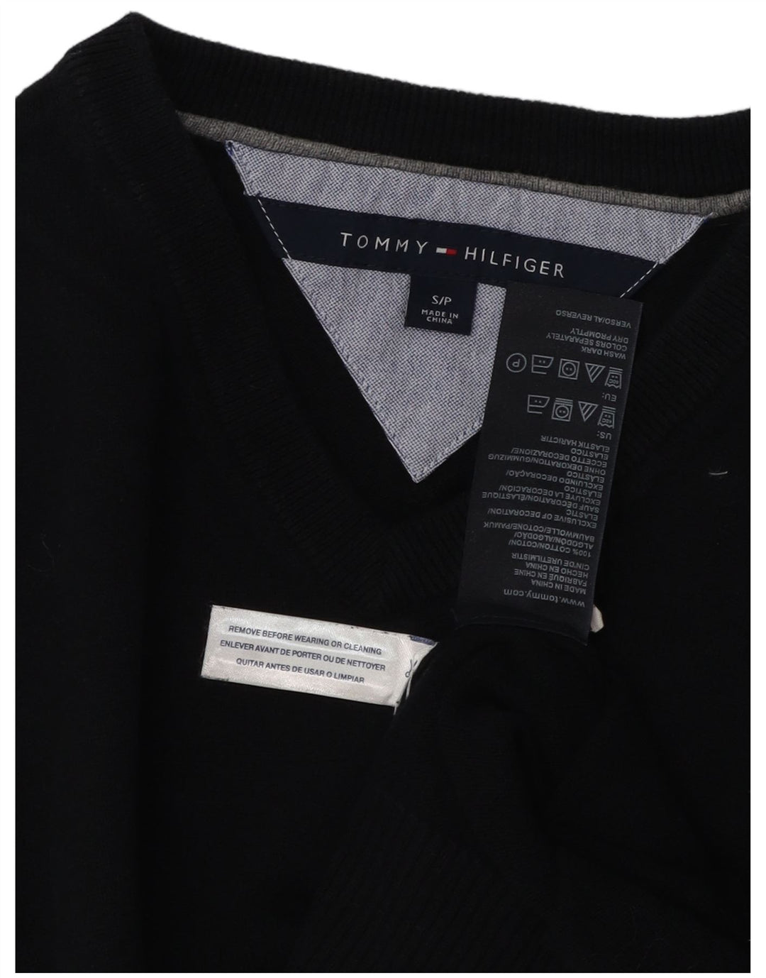 TOMMY HILFIGER Suéter masculino com decote em V pequeno algodão azul marinho