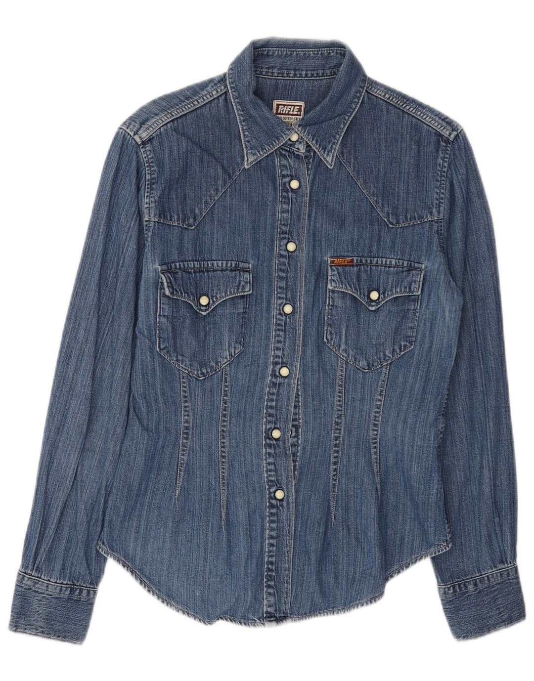 Camisa jeans feminina RIFLE Reino Unido 10 algodão azul pequeno