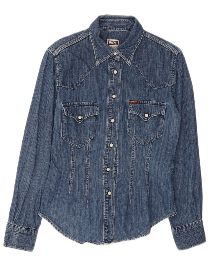 Camisa jeans feminina RIFLE Reino Unido 10 algodão azul pequeno