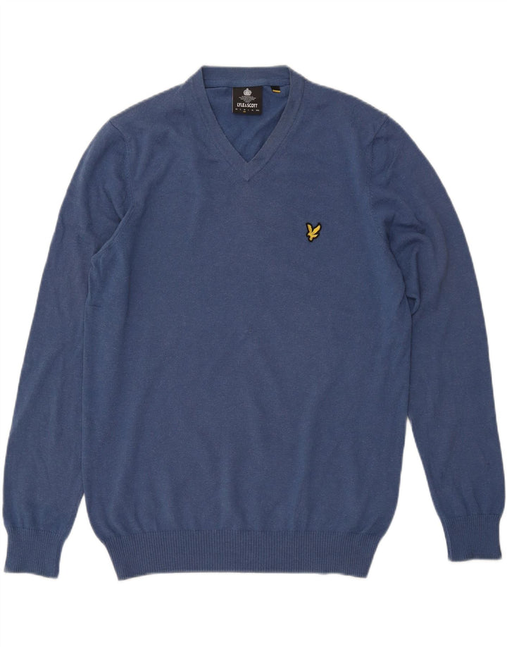 Lyle & Scott Suéter masculino com gola V e algodão azul médio
