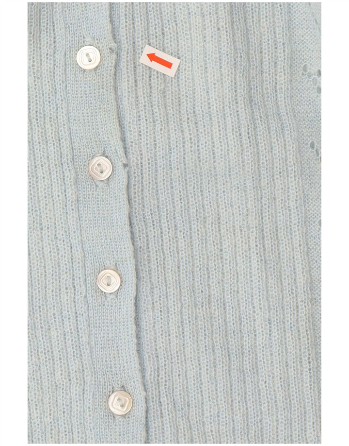 Suéter cardigã feminino vintage Reino Unido 14 grande azul clássico