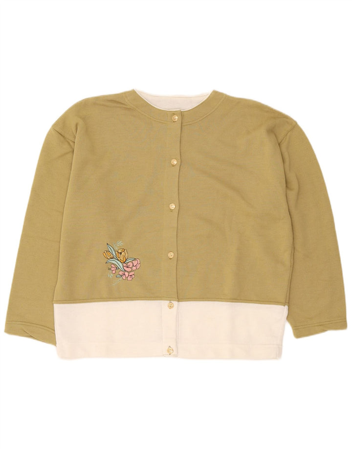 Suéter cardigã feminino vintage grande Reino Unido 14 bloco colorido cáqui médio
