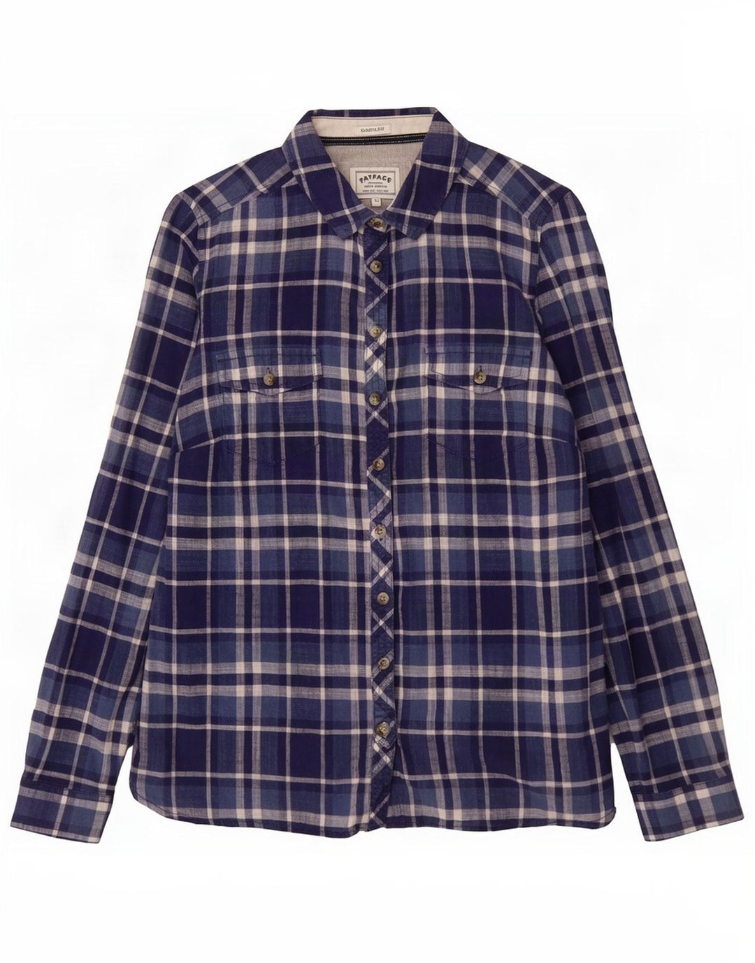 Camisa feminina clássica Fat Face UK 12 algodão xadrez médio azul marinho