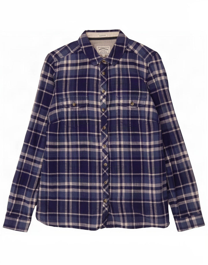 Camisa feminina clássica Fat Face UK 12 algodão xadrez médio azul marinho