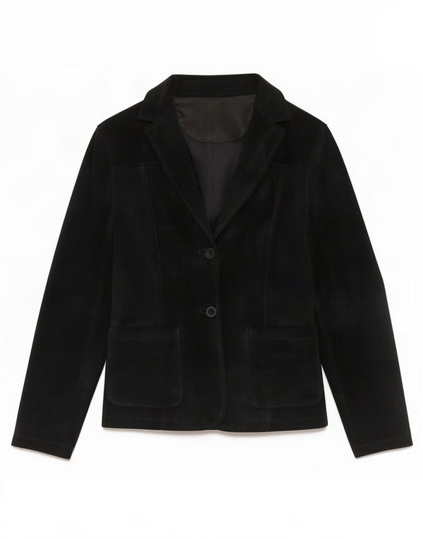 Jaqueta blazer feminina vintage de camurça com 2 botões Reino Unido 10 couro preto pequeno