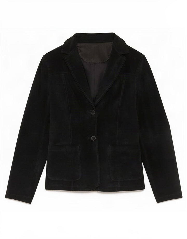 Jaqueta blazer feminina vintage de camurça com 2 botões Reino Unido 10 couro preto pequeno