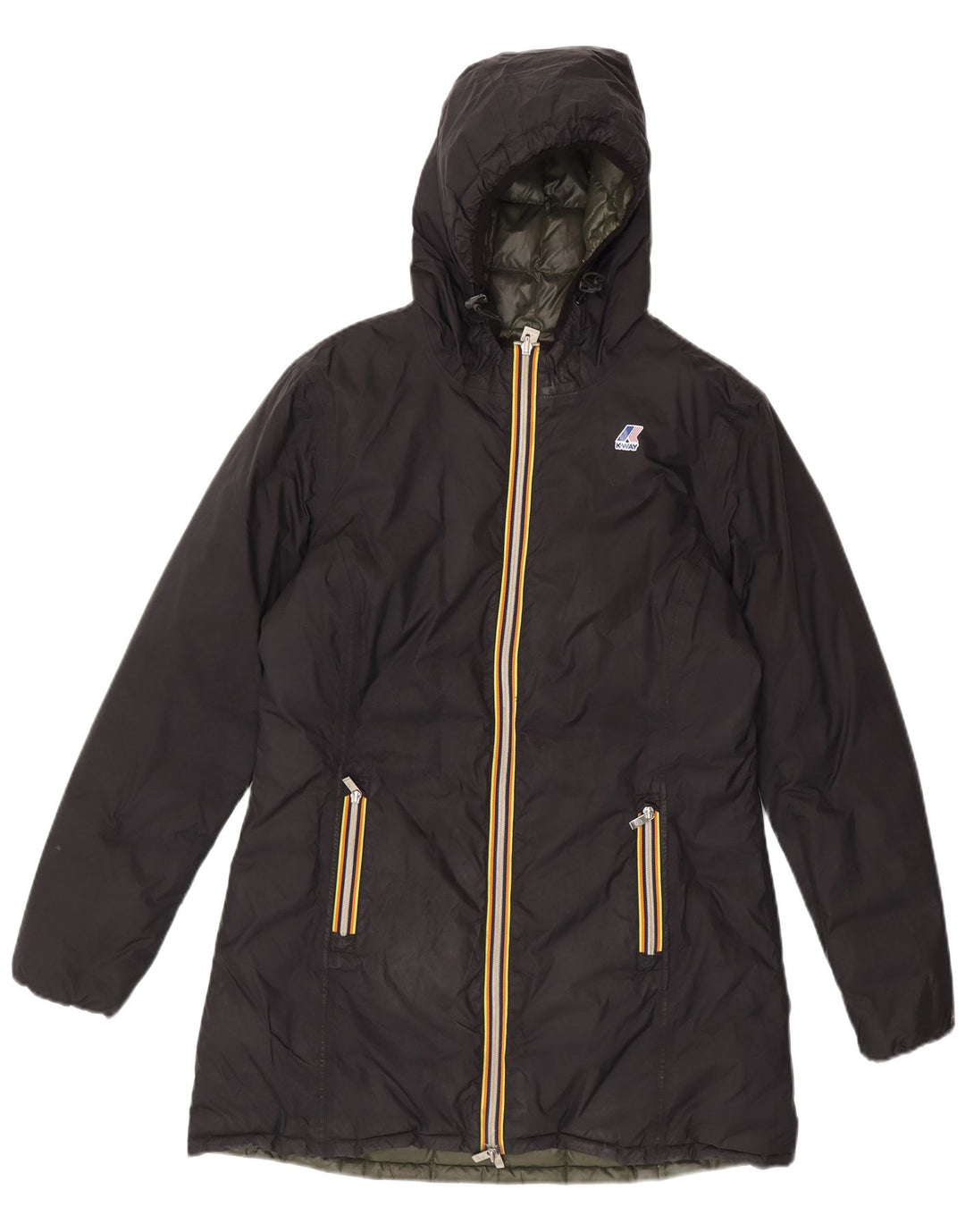 Casaco acolchoado reversível com capuz feminino K-Way EUA 6 bloco colorido preto médio