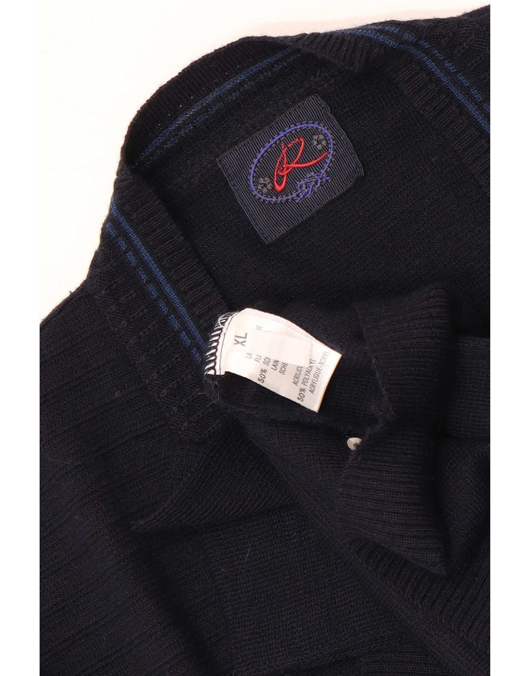 Suéter cardigã gráfico masculino vintage XL lã azul marinho