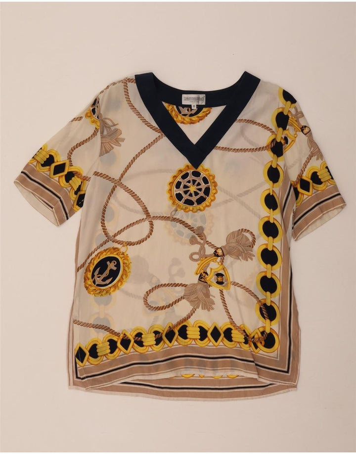 Blusa feminina Pancaldi & B com estampa abstrata UK 12 médio off white