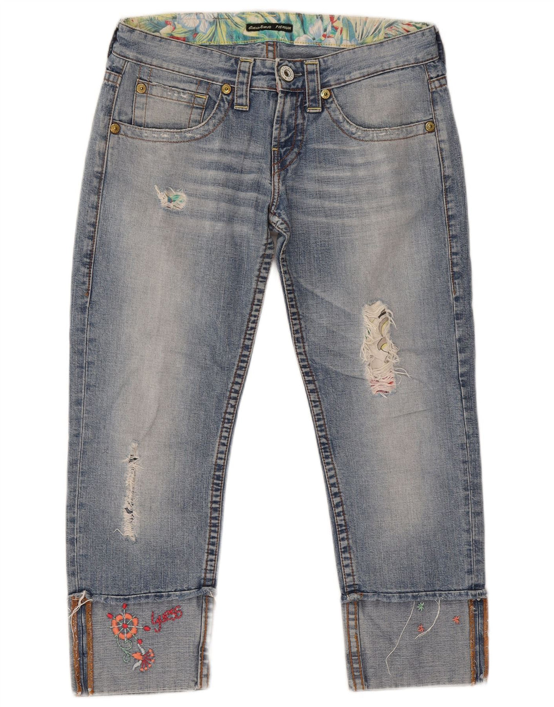 Guess Jeans femininos cortados desgastados W28 L24 algodão azul