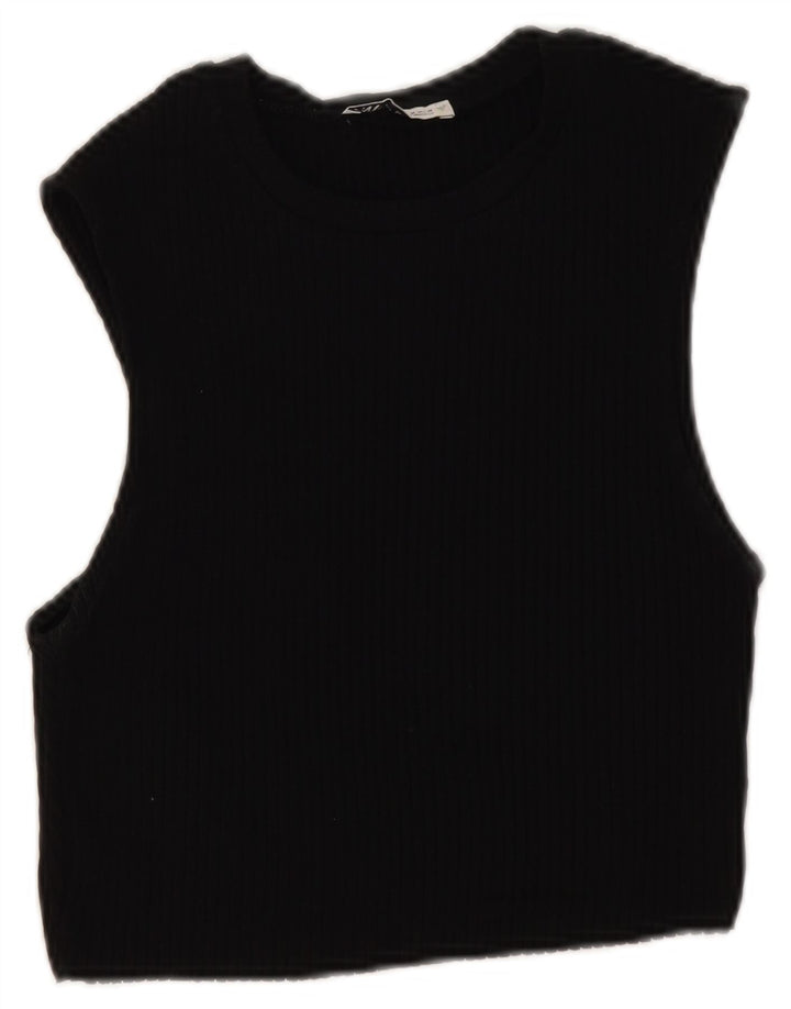 Zara Top curto feminino sem mangas Reino Unido 12 algodão preto médio