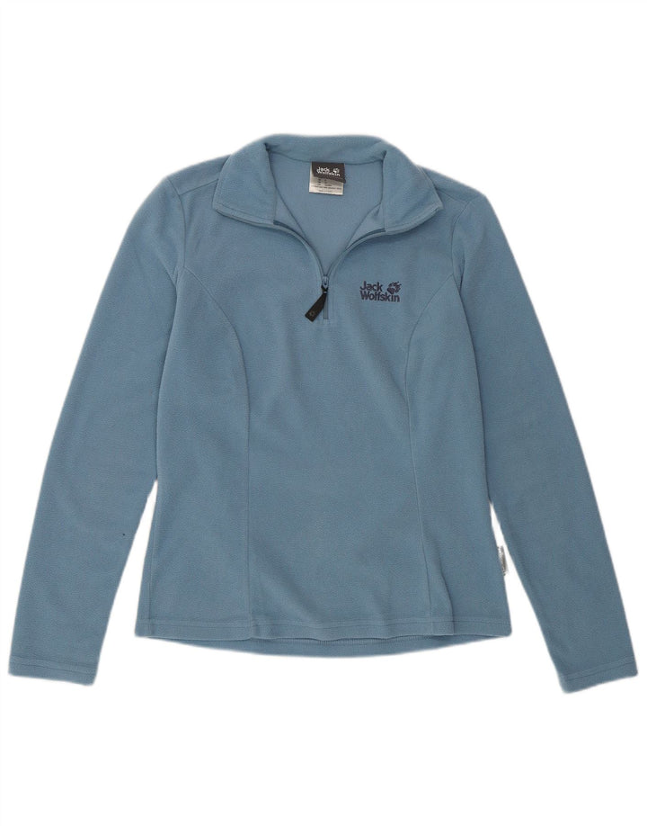 JACK WOLFSKIN Suéter feminino de lã com gola e zíper Reino Unido 10 pequeno azul poliéster