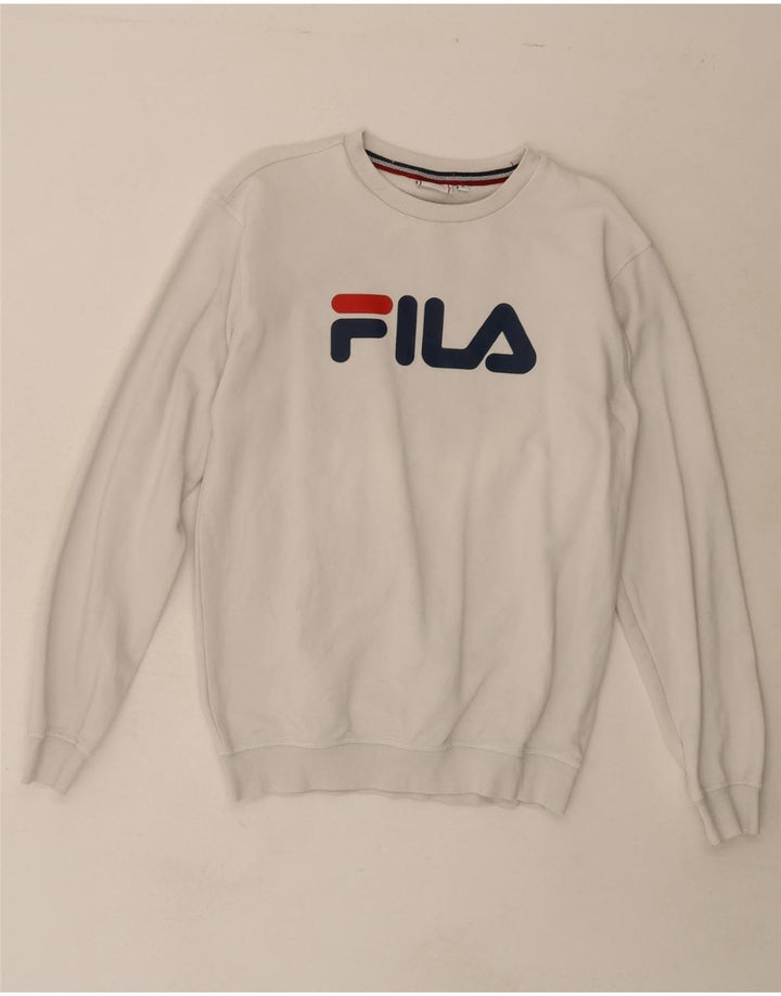 FILA Mens Graphic Sweatshirt Jumper Small White Cotton Vintage Fila and Second-Hand Fila from Messina Hembry 
