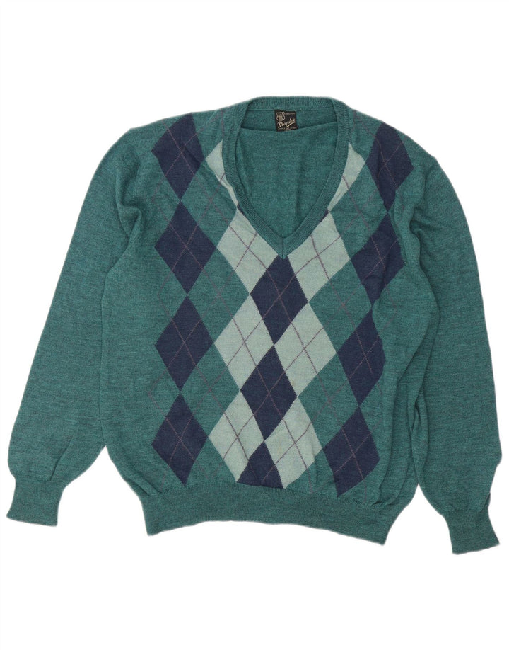 Suéter masculino Mapier com decote em V verde médio Argyle/lã diamante